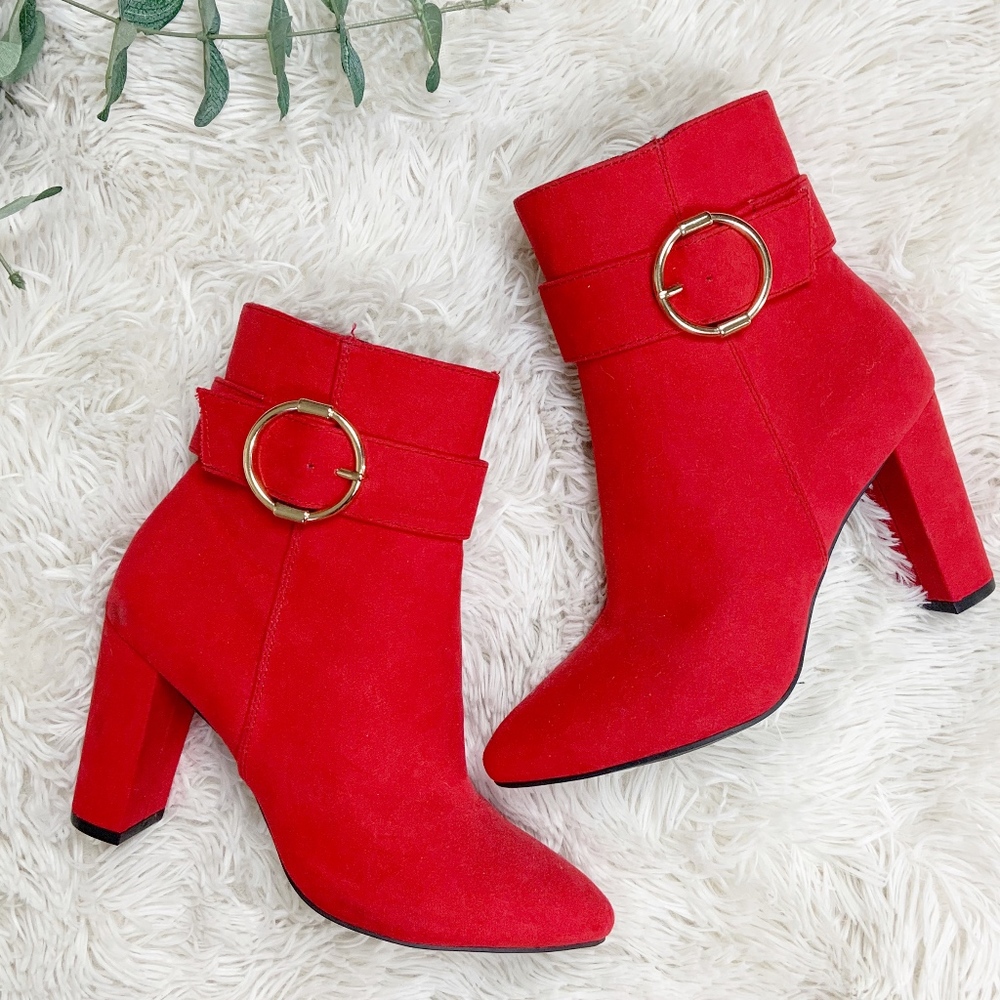 Jones New York Red Ankle Boots with Gold Buckle